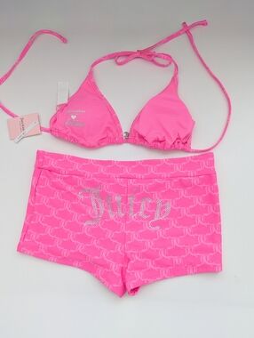 NWT Juicy Jr. Ladies (L) Hot Pink Two-Piece Rhinestone Boyshort Swimsuit Set